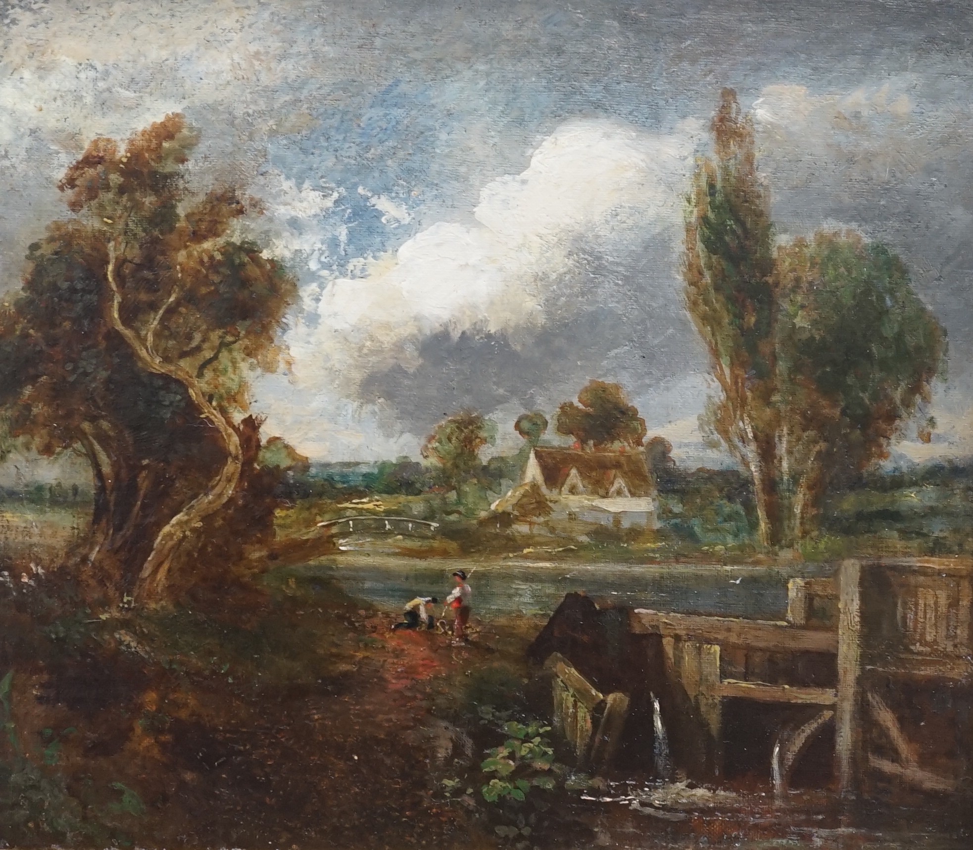 After Constable, small oil on board, fisherman, 25x28cm